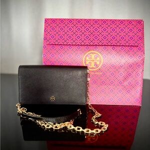 Tory Burch Black Emerson Gold Chain convertible clutch Wallet Crossbody Bag